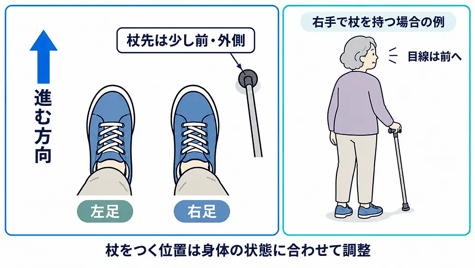 右手で杖を持つ例で、右足の少し前と外側の杖先位置を上から示し、目線が前を向く姿を添えた図。