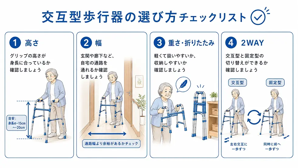 交互型歩行器を選ぶときに確認したい高さ、幅、重さ、2WAY機能