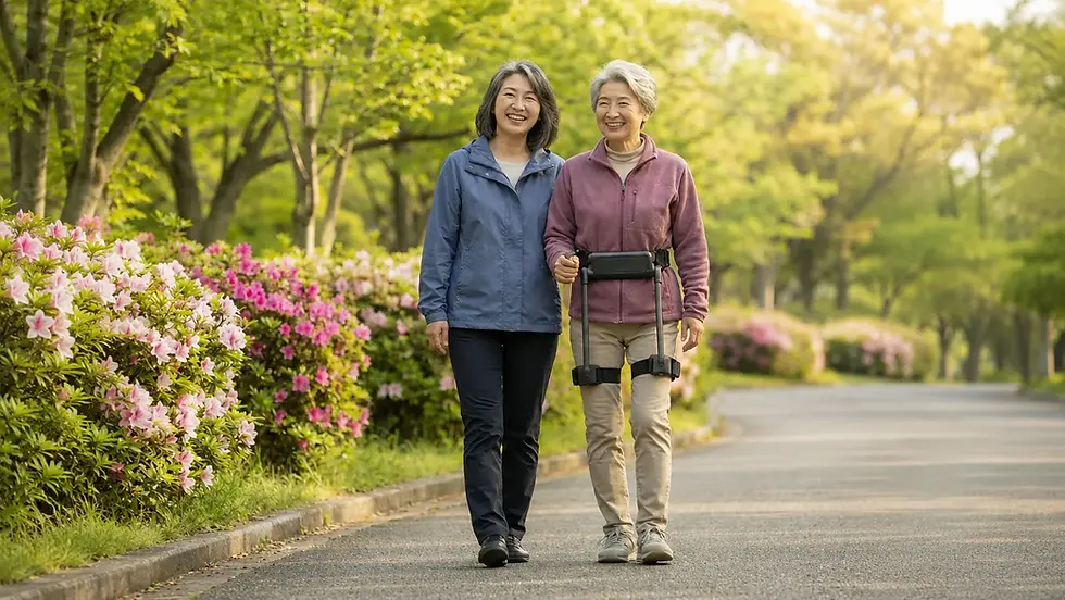 WIM Sを腰と両脚に装着した女性が、もう一人の女性と公園の道を歩く既存の紹介画像。