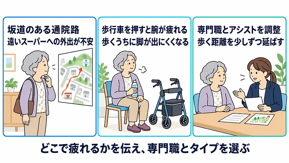 坂道の通院路や遠いスーパーへの外出、歩行車を押す腕の疲れ、脚の出にくさを専門職へ伝えて電動歩行器を検討する3場面