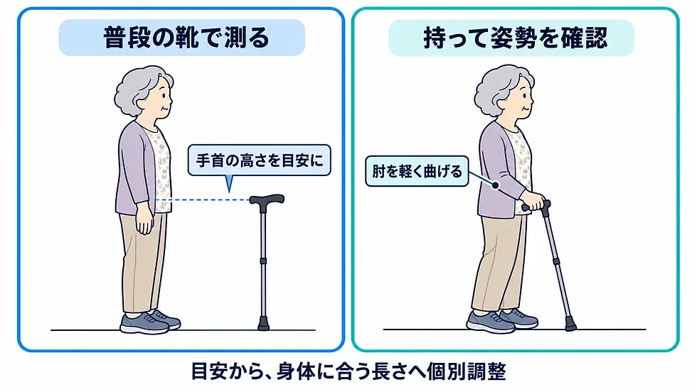 普段の靴で手首の高さを目安に測り、杖を持って肘が軽く曲がる姿勢を確認する2場面。