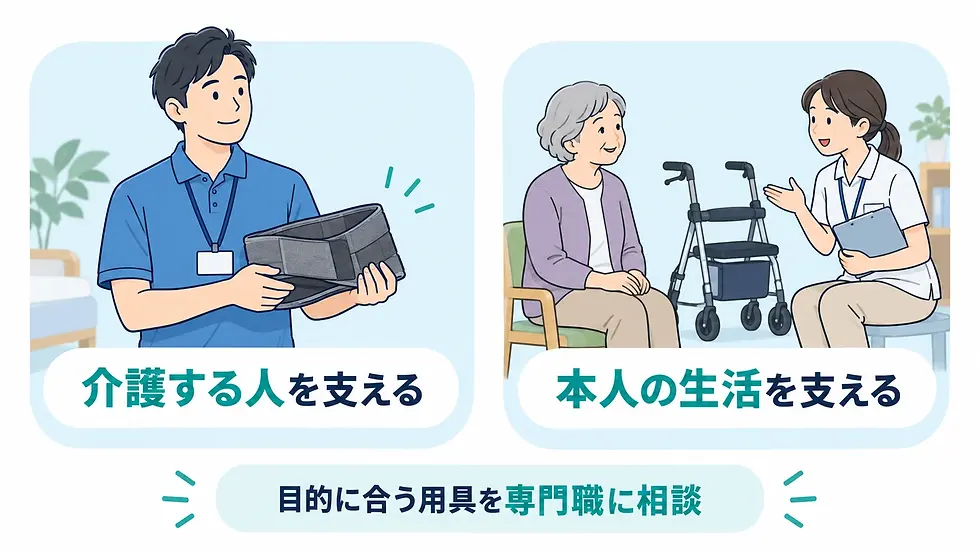 介護する人を支える用具と本人の生活を支える用具を専門職へ相談するイメージ