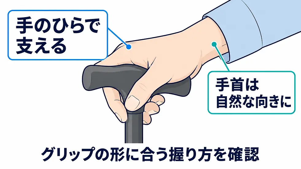T字杖のグリップを手のひらで支え、自然な手首の向きで握る手元。