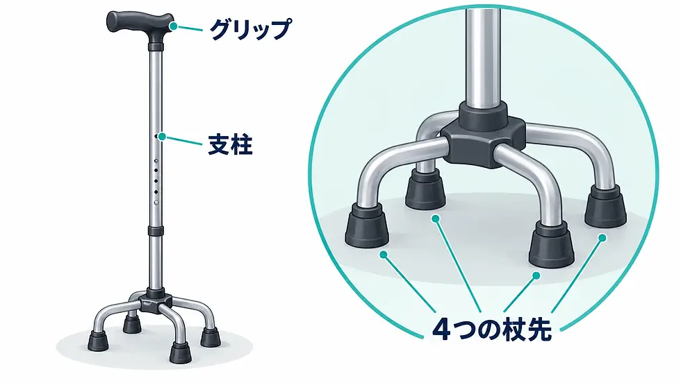 4点杖のグリップ・支柱と、4つの杖先の構造を示したイラスト