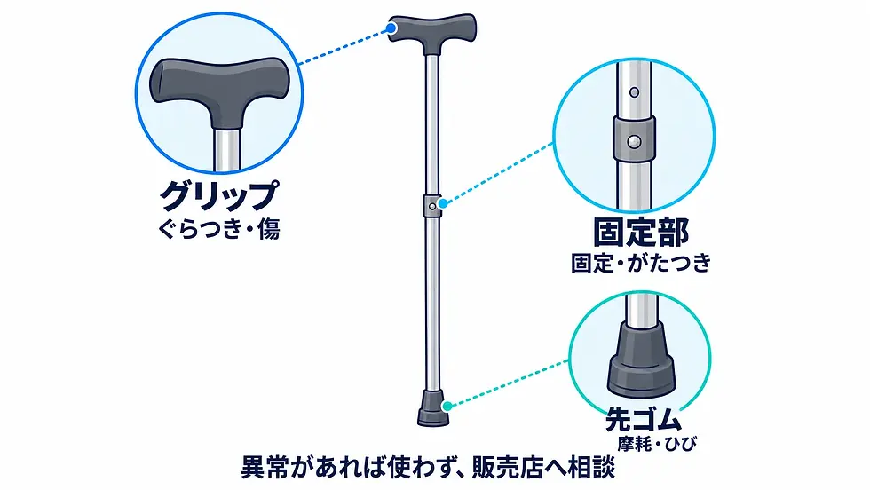 杖のグリップ、固定部、先ゴムを拡大し、傷やぐらつき、摩耗などの点検位置を示す。