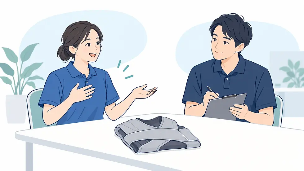 試用後に装着感を話し合い感想を記録する職員のイメージ