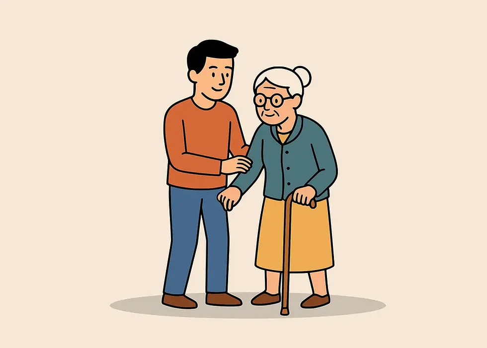介護者が高齢者の歩行を支えるイラスト