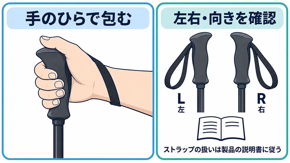 グリップを手のひらで包む例と、左右表示・製品説明書を確認するイラスト。