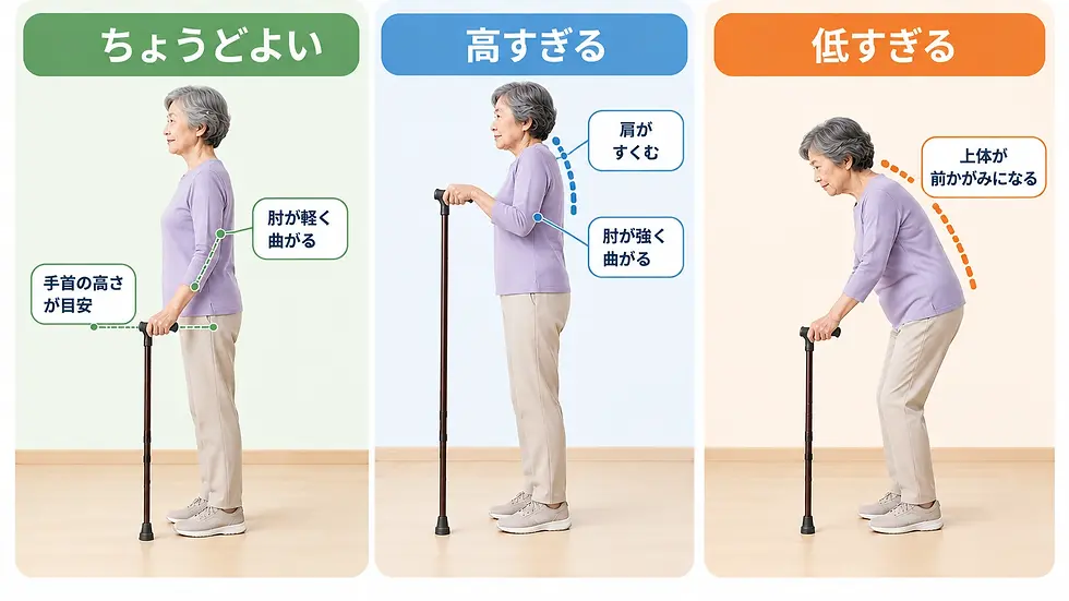 杖の高さが適正な場合と高すぎる・低すぎる場合の姿勢を比較した図