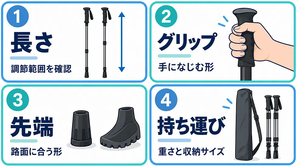 長さ、グリップ、先端、持ち運びの4項目を確認するイラスト。