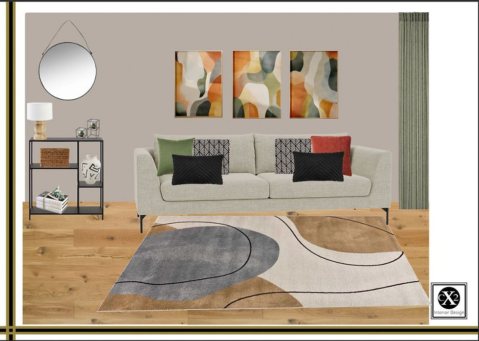 Eye-level view of a modern living room with colourful cushions and a stylish lamp