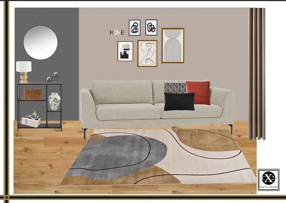 Eye-level view of a modern living room with colourful cushions and a stylish lamp