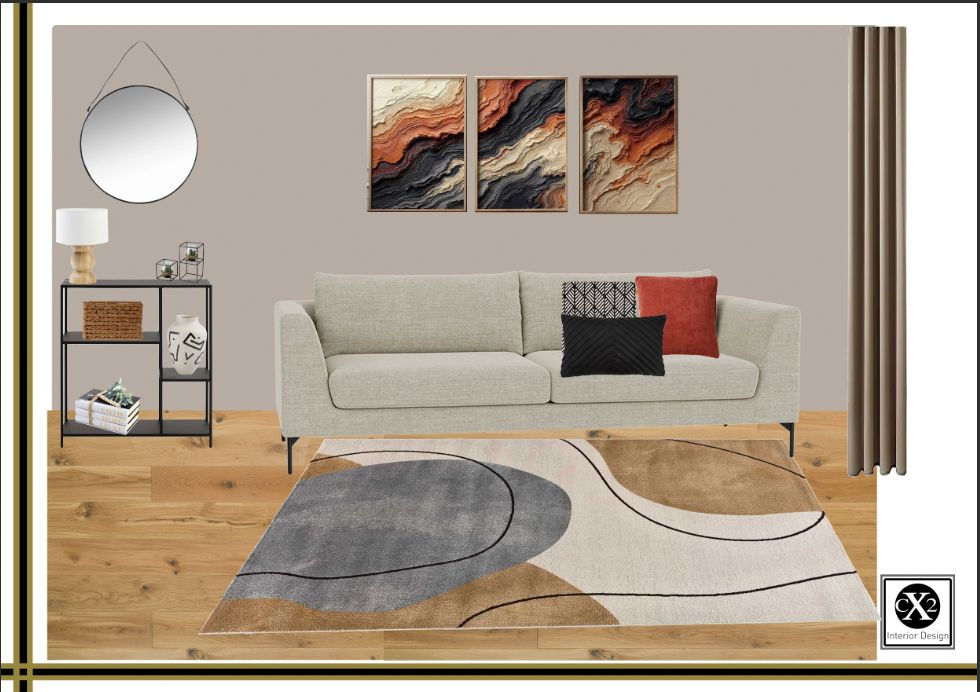 Eye-level view of a modern living room with colourful cushions and a stylish lamp