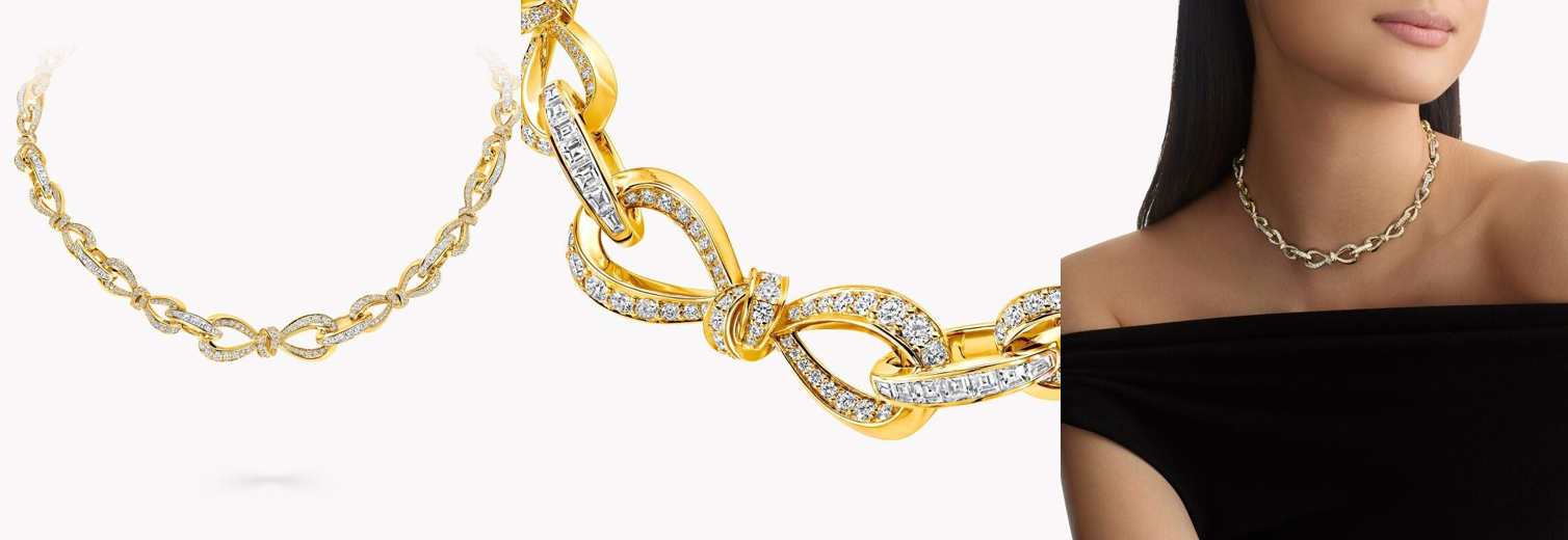 Tilda's Bow Diamond Link Necklace White Diamond, Yellow Gold