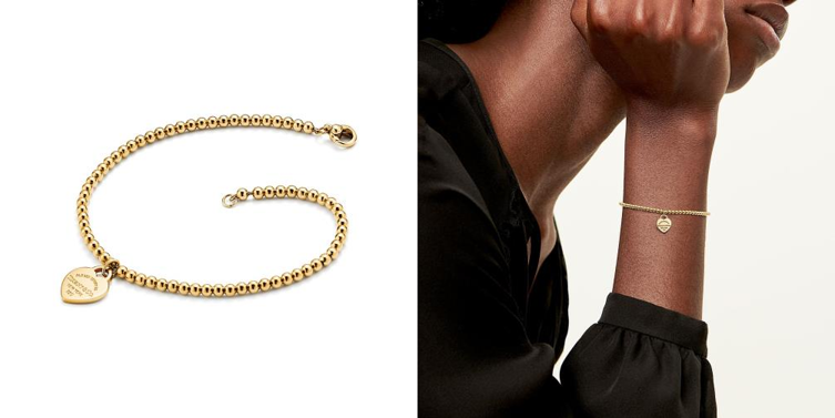 Mini Heart Tag Bead Bracelet in Yellow Gold