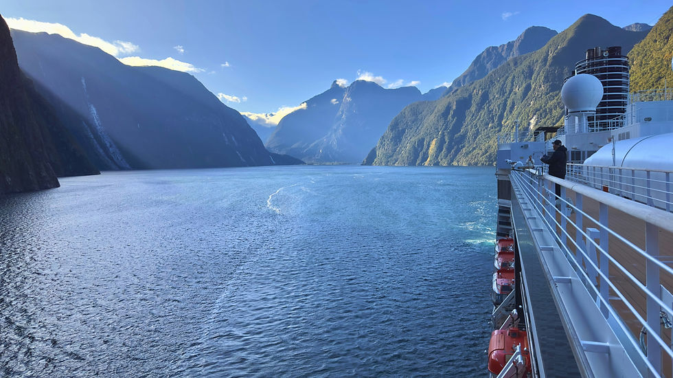 Passenger on a cruise ship’s deck looking across a fjord surrounded by steep mountains