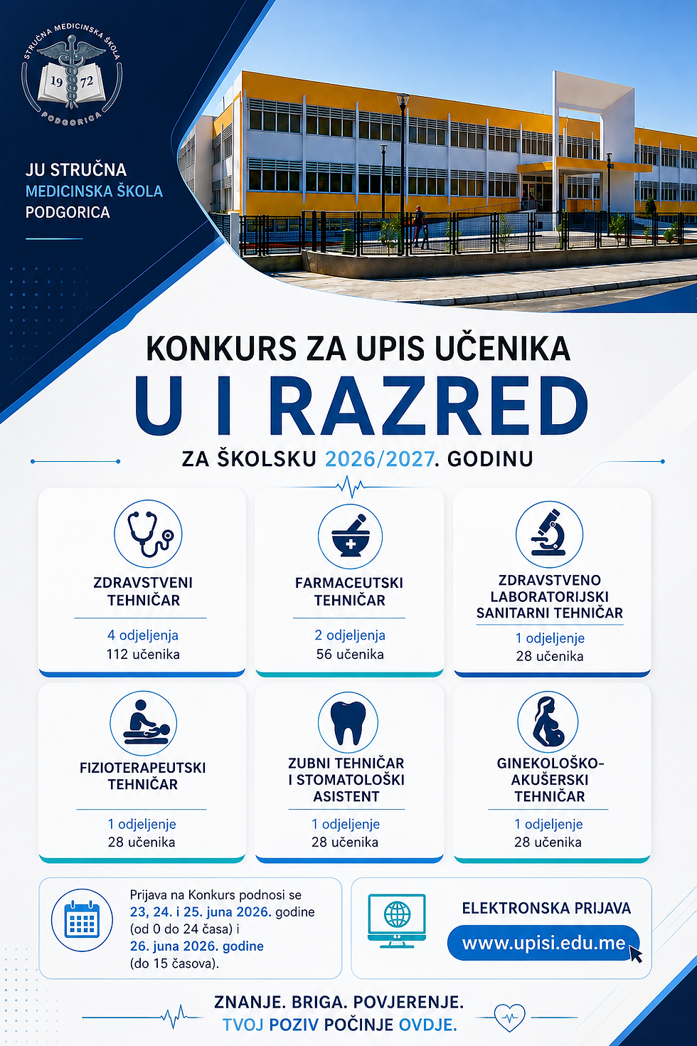 Plakat konkursa za upis učenika u I razred JU Srednja medicinska škola Podgorica za školsku 2026/2027. godinu sa prikazom obrazovnih programa i rokovima za prijavu
