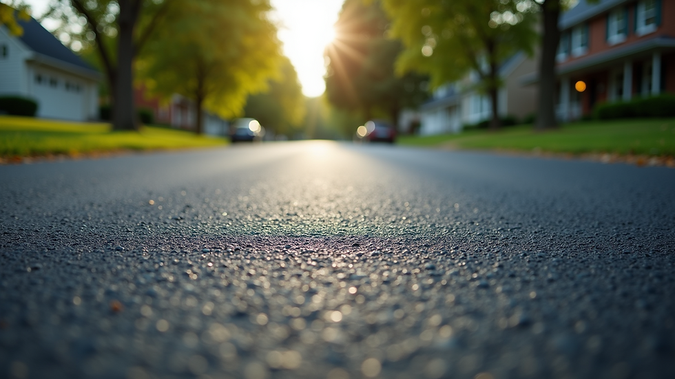 Eye-level view of a freshly paved tar driveway
