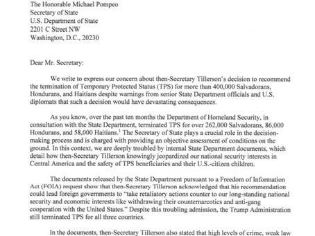 111 in Congress (27 US Senators & 84 Reps - Menendez, Engel et al - bipartisan) Demand TPS Reins