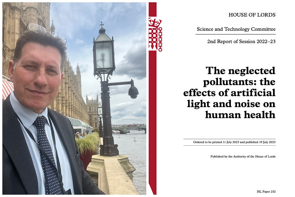 On the left, sustainable acoustics' managing director, Peter Rogers, stood outside of the House of Lords. To the right, an image of the cover page of a report published by the House of lords science and technology committee titled 'the neglected pollutants: the effects of artificial light and noise on human health'