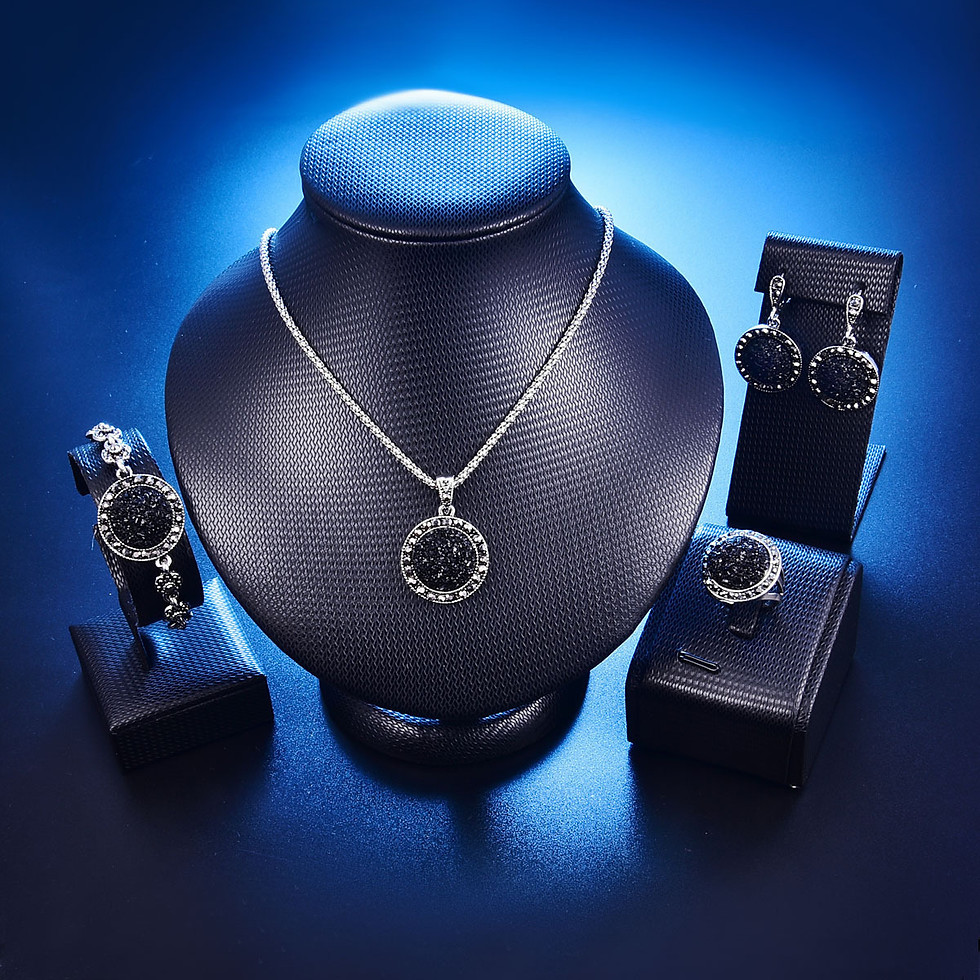 Thumbnail: Black Round Stone Resin Jewelry Set: Necklace, Bracelet, Earrings, Ring