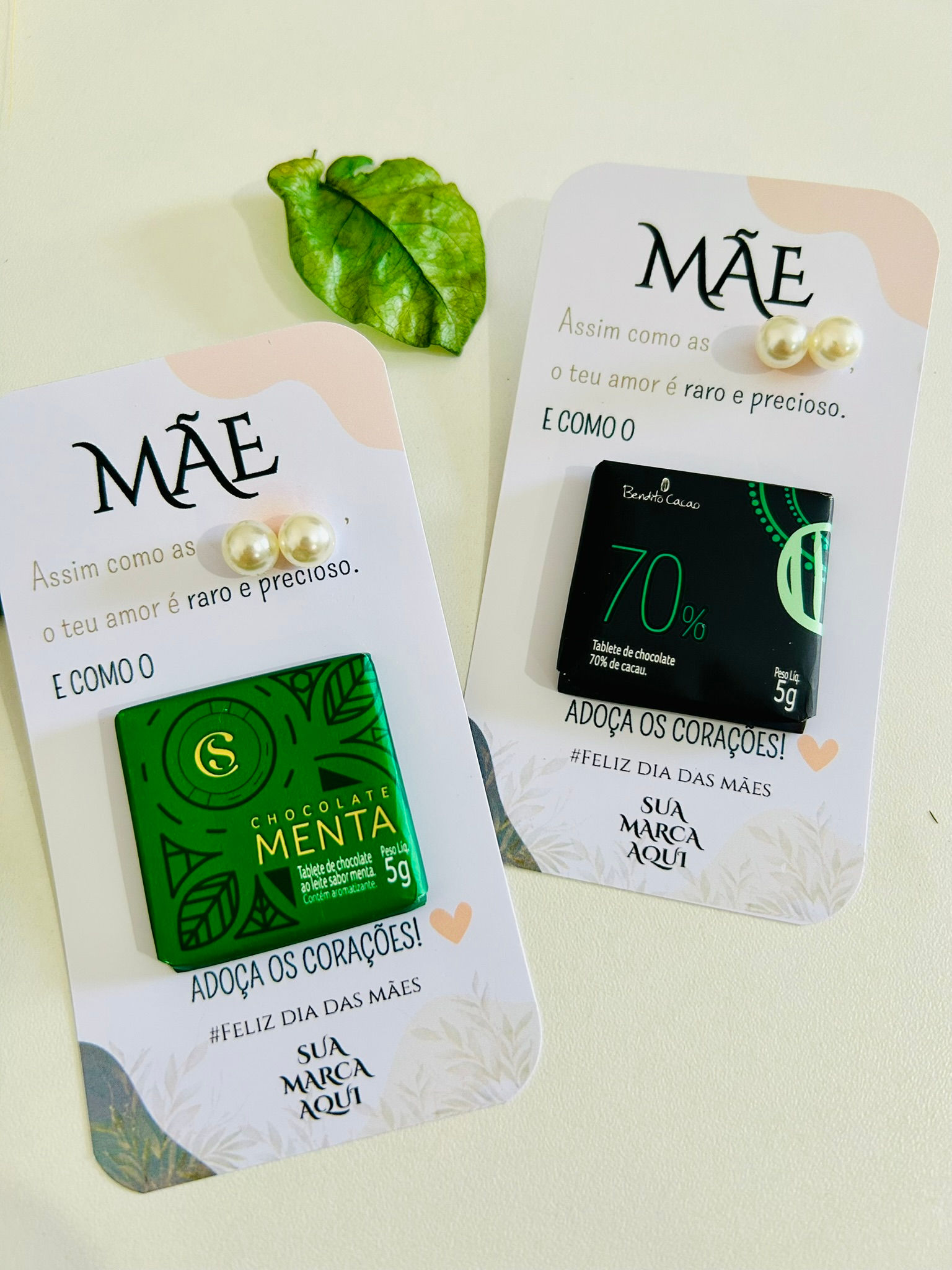 Cards com Brincos Pérola e Chocolate - Dia das Mães - Personalizados