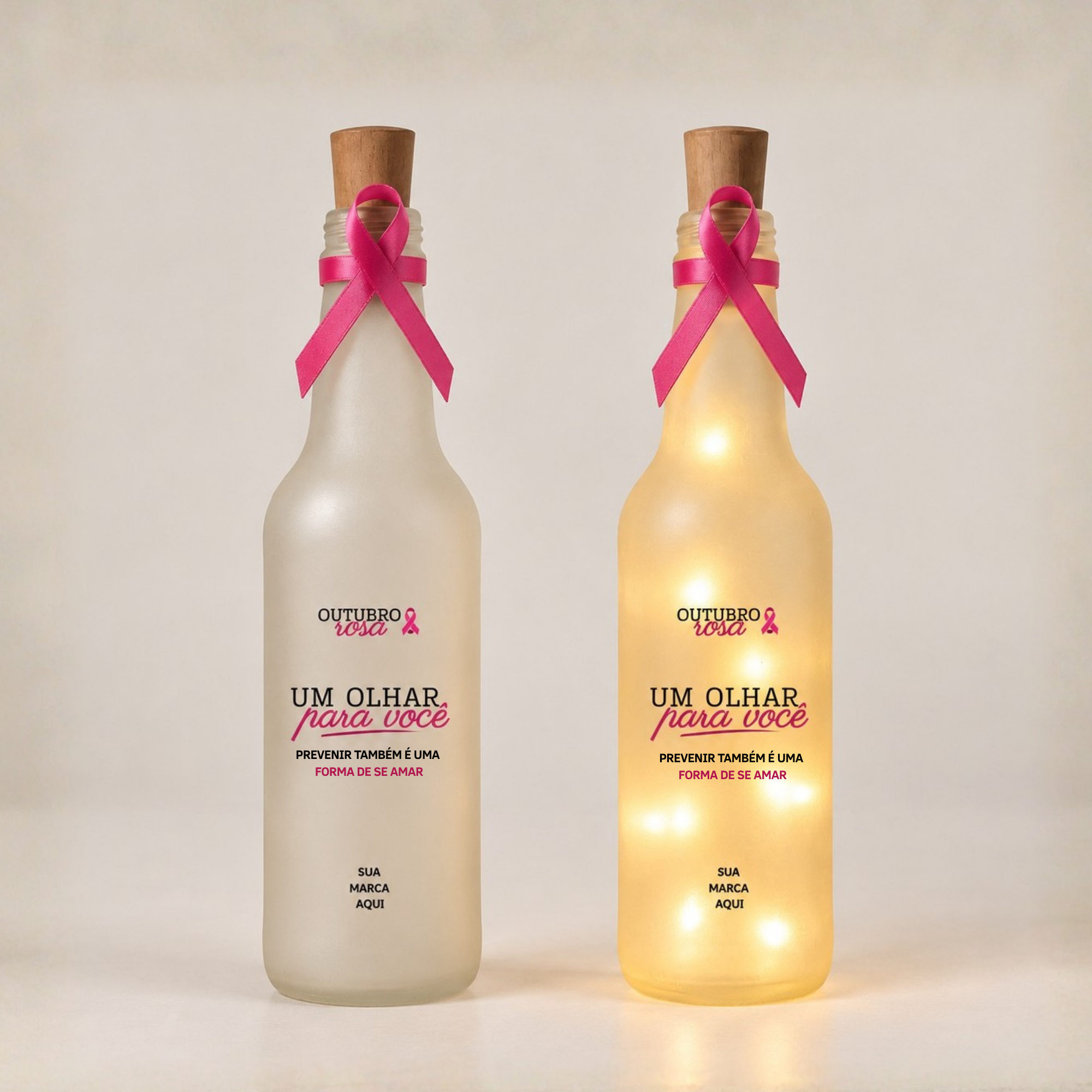 Luminária de Garrafa com Efeito Jateado – Outubro Rosa 2026
