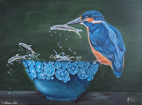 ijsvogel schilderij, acrylverf schilderij vogel
