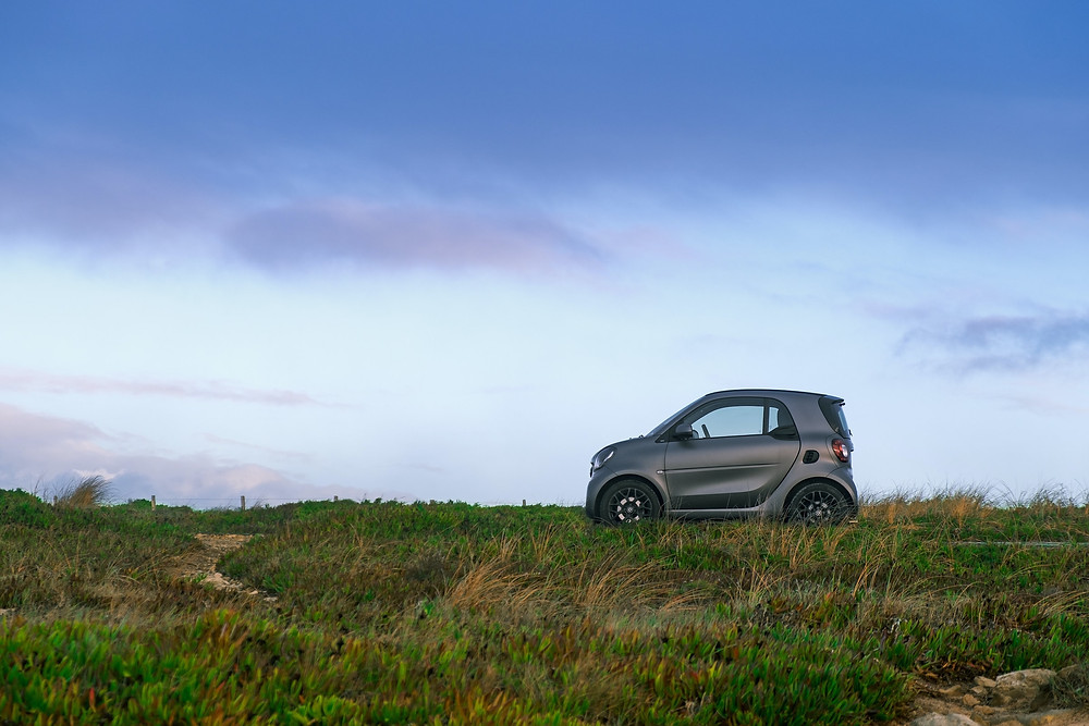 gray smart car parked at a distance in a grass field