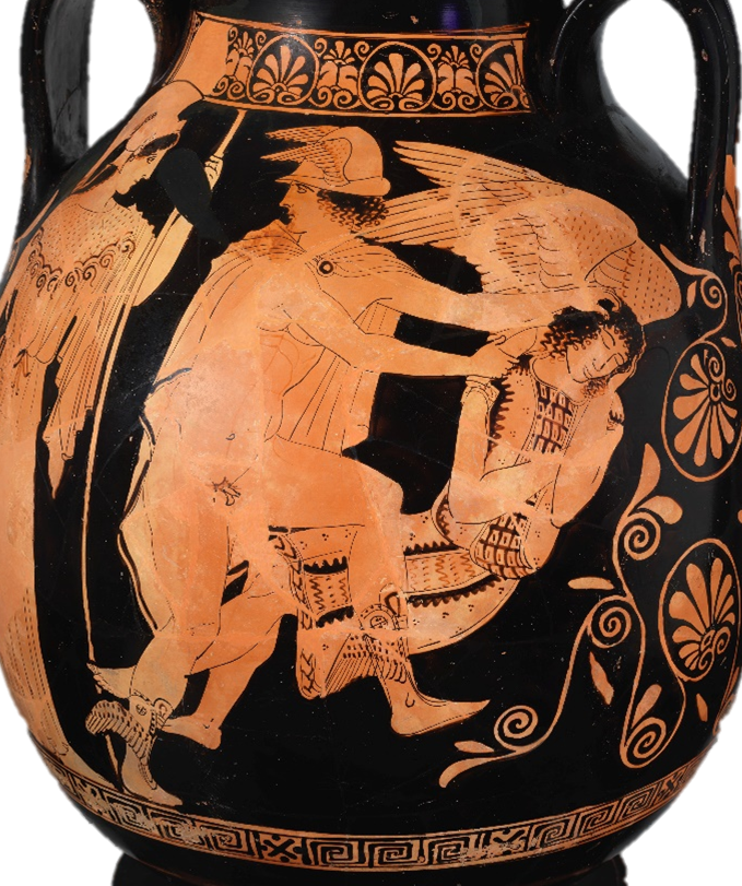 Red-figured pelike depicting Perseus beheading Medusa. Classical Period (ca. 450 BCE) Now displayed at The Metropolitan Museum of Art in New York.