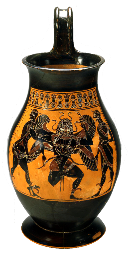 Black-figured olpe depicting the slaughter of Medusa by Perseus. Archaic Period (ca. 550 BCE) Now displayed at The British Museum, at London.