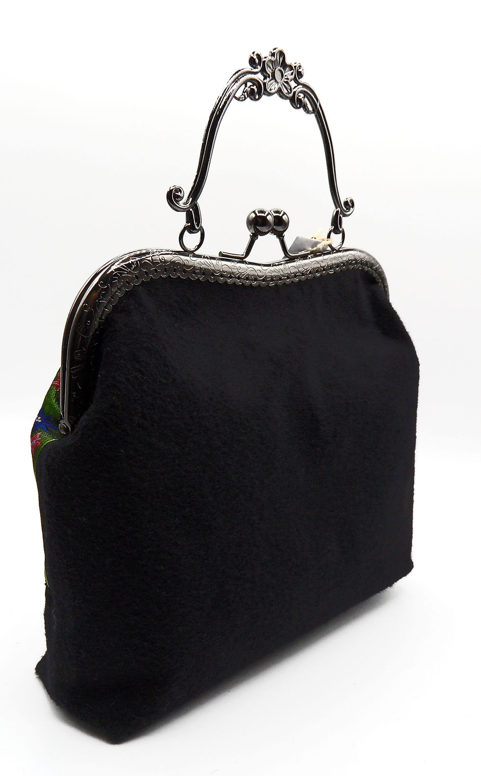 Miniaturbild: Metallbügel-Tasche aus schwarzem Loden, mit Edelweiß- und Enzian