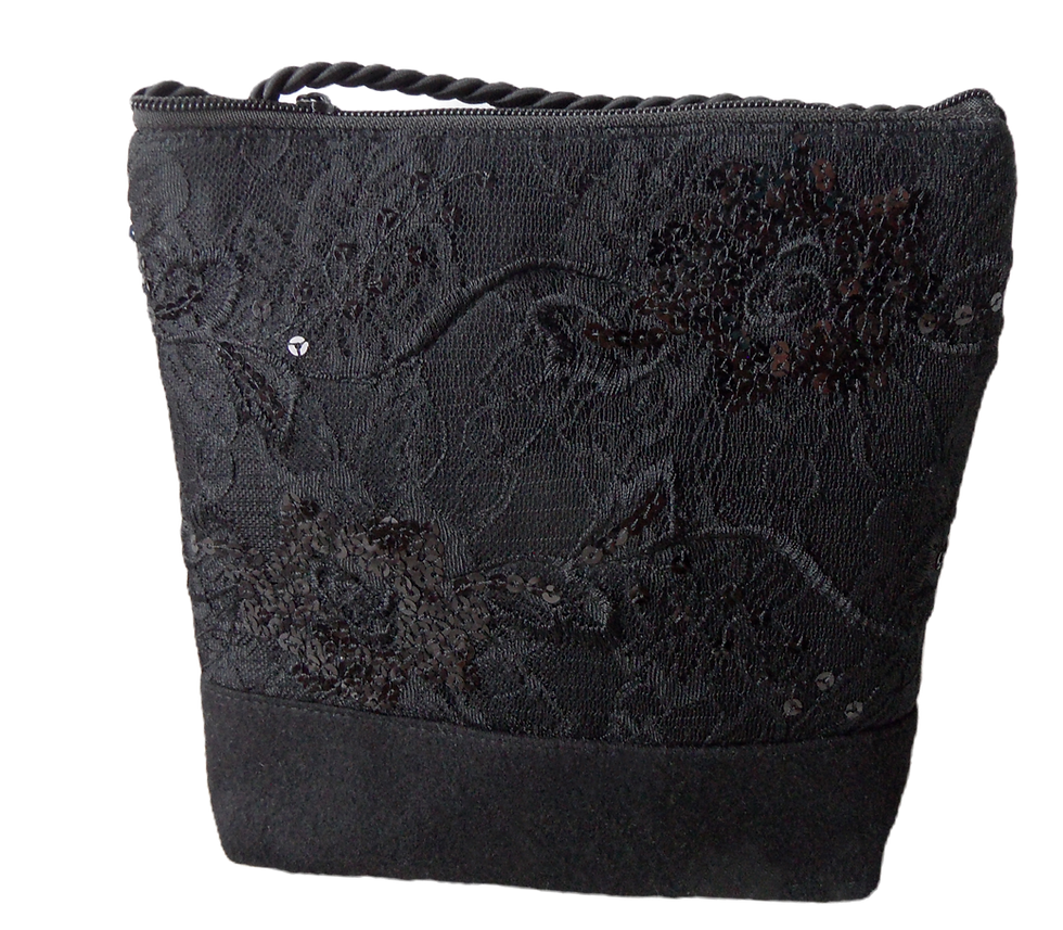 Hohe Kordeltasche, schwarz, Effektscpitze mit Pailletten