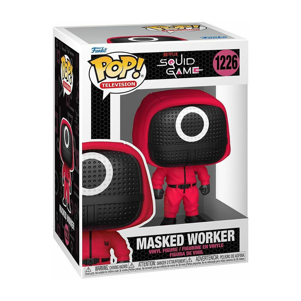 Funko POP! Figur eines Kreis-maskierten Arbeiters aus 'Squid Game', präsentiert in einer transparenten Fensterbox-Verpackung,
