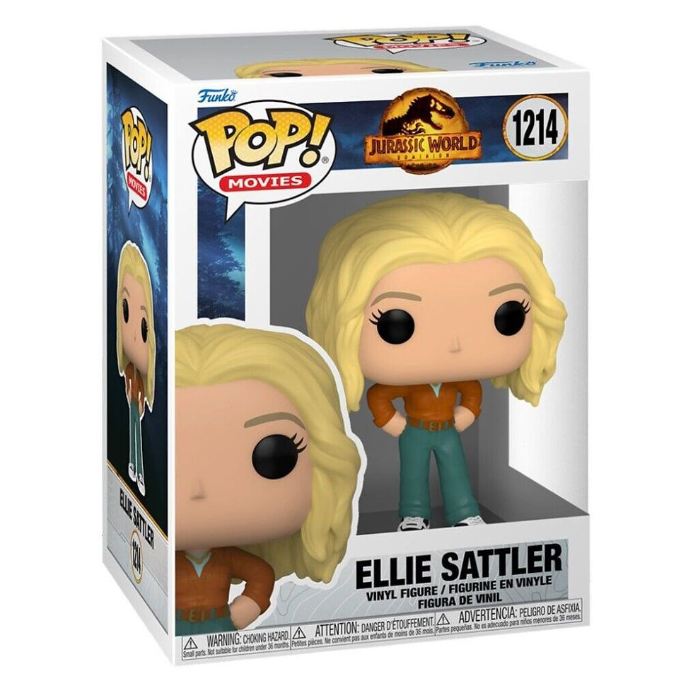 Funko POP! Jurassic World 3 Ellie Sattler, präsentiert in einer transparenten Fensterbox-Verpackung, die mit dem Funko POP! u