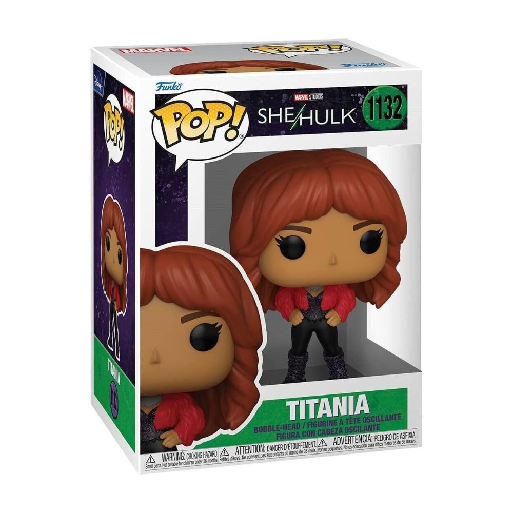 Funko POP! Marvel She-Hulk Titania, präsentiert in einer transparenten Fensterbox-Verpackung, die mit dem Funko POP! und Marv