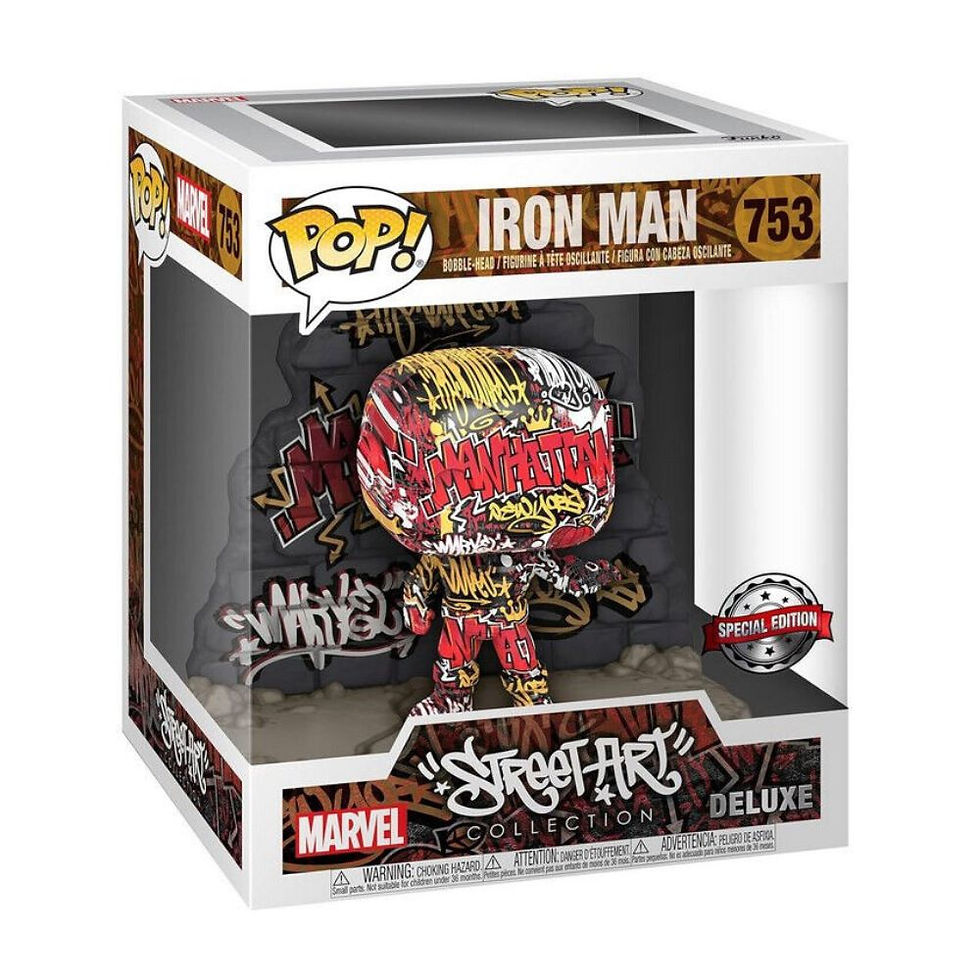 Funko POP! Marvel Street Art Iron Man, präsentiert in einer transparenten Fensterbox-Verpackung, die mit dem Funko POP! und M