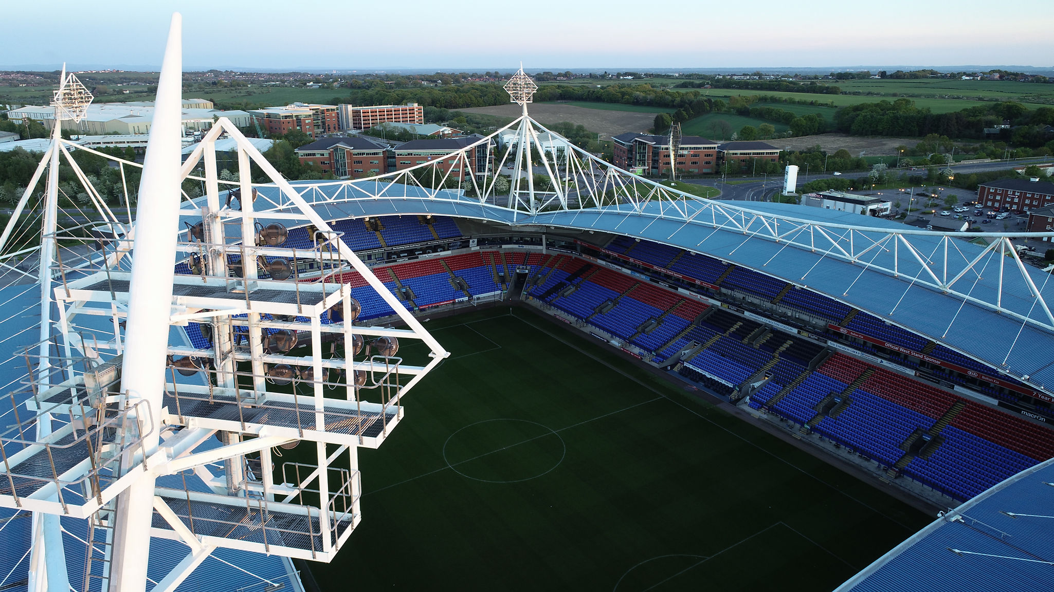 An aerial drone shot of the University of Bolton Stadium