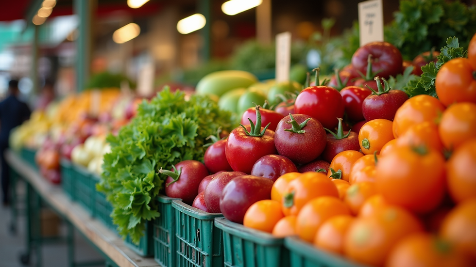 Eye-level view of a fresh Australian farmers market stall with colorful fruits and vegetables
