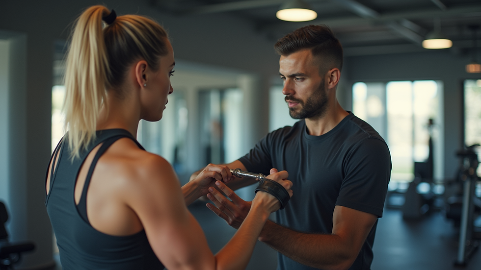 Close-up view of a personal trainer demonstrating exercise technique to a client