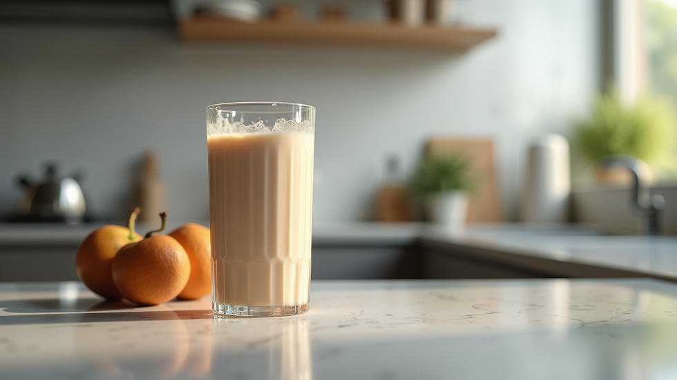 Eye-level view of a protein shake glass on a kitchen counter