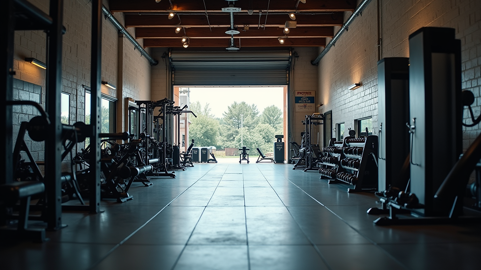 Eye-level view of a gym entrance with fitness equipment outside
