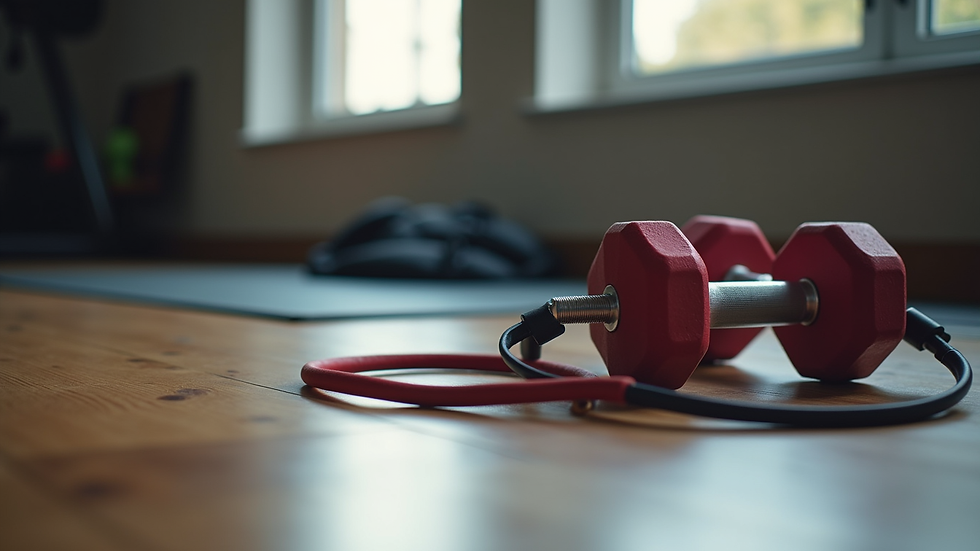 Close-up view of resistance bands and dumbbells on a wooden floor
