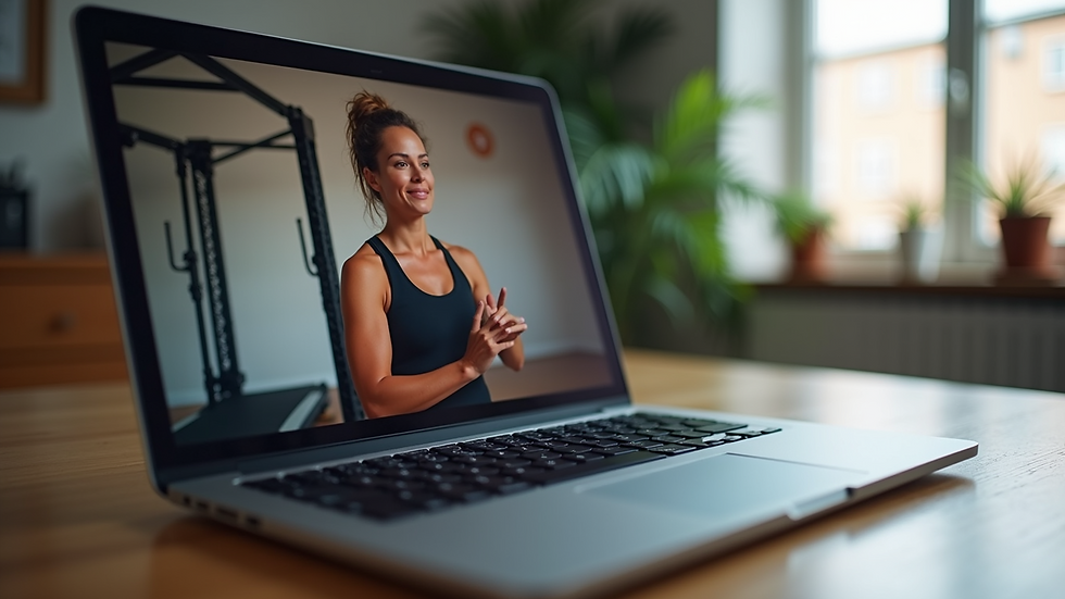 Eye-level view of a laptop showing a virtual fitness coaching session