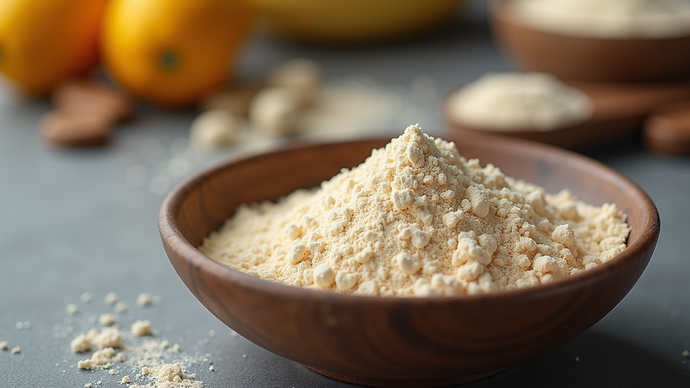 Close-up view of a scoop of protein powder in a bowl