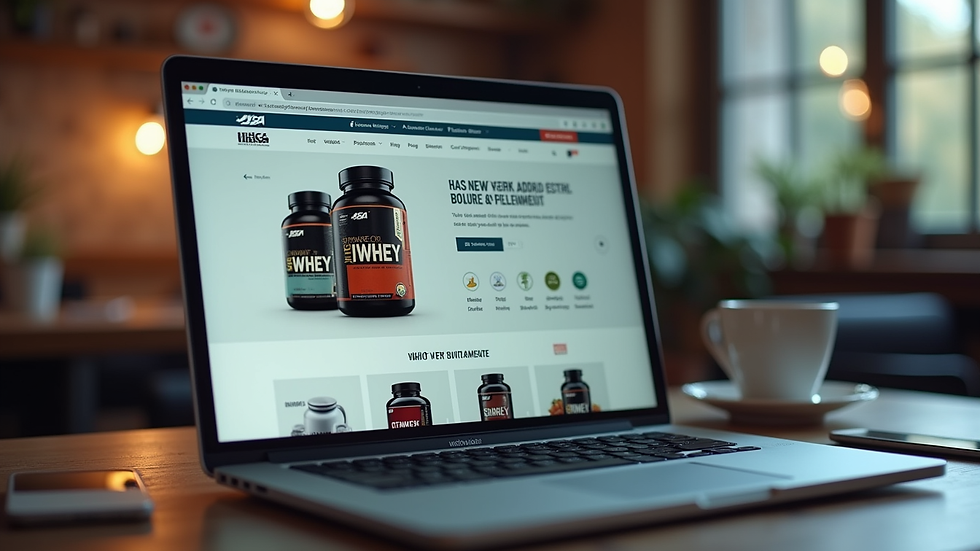 Close-up view of a laptop screen displaying an online supplement store