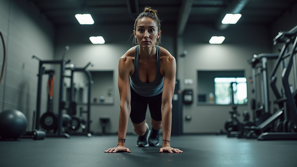 Eye-level view of a fitness coach demonstrating an exercise in a gym