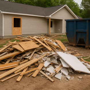 A residential construction site with piles of wood, drywall scraps, and debris being collected and removed by cleanup professionals.