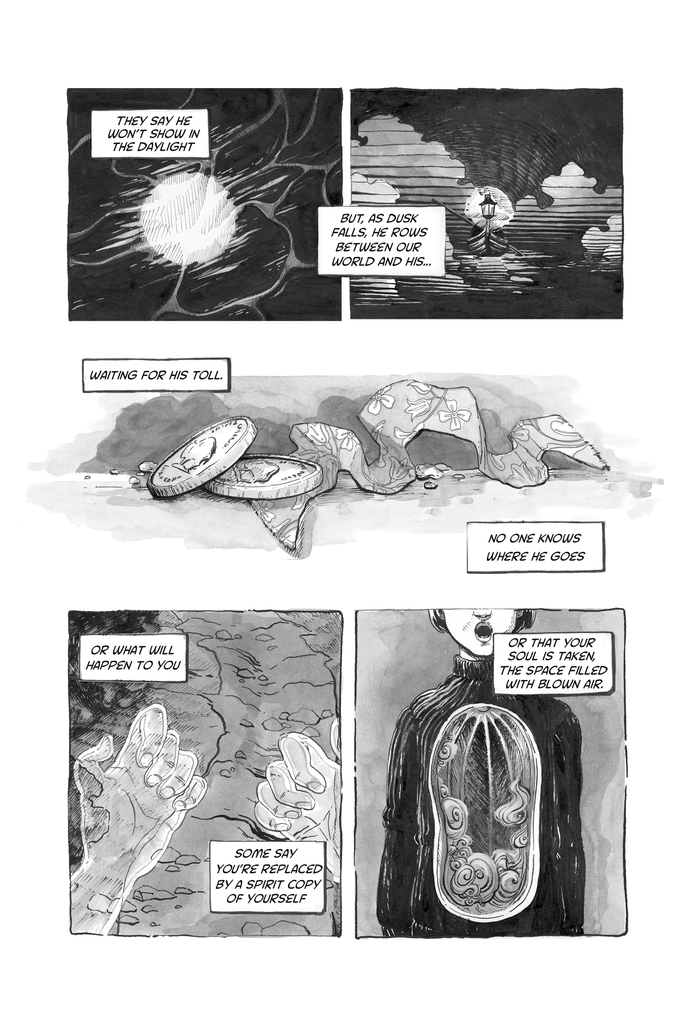 Pen and Ink comic about urban legends and the ferryman archetype