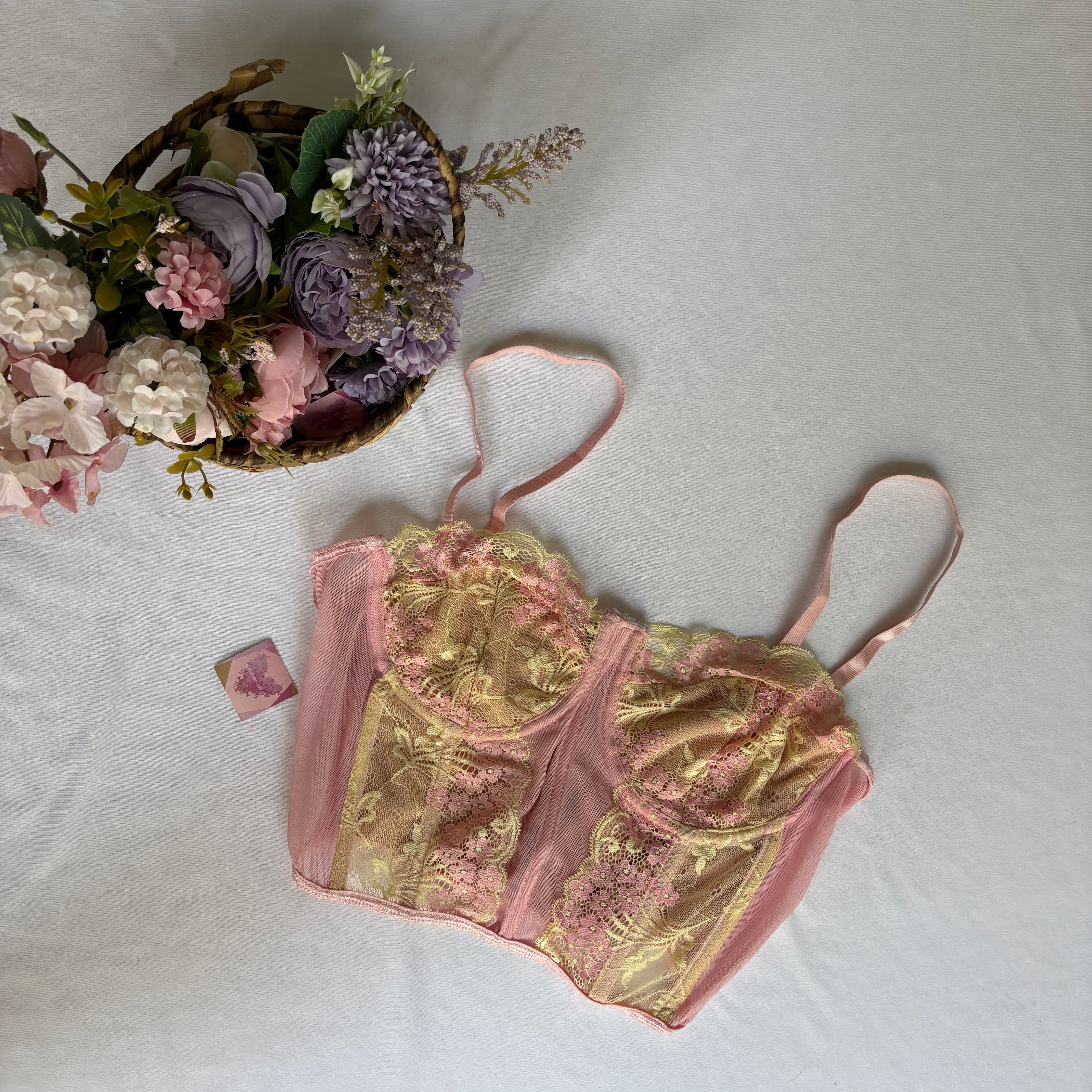 pink-yellow lace bustier